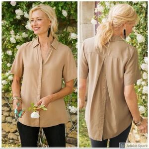 Soft Surroundings Tencel Button Back Tunic Top Plus‎ Size 1X Khaki Tan Collared